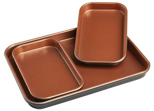 Easylife Copper Baking Trays (Set of 3) 1x Larger Baking Tray and 2 x Smaller Trays Fit on Same Shelf, Non-Stick, Dishwasher Safe Bakeware Kitchen Accessories and Home Essentials - Fully Guaranteed