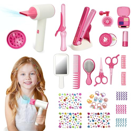RedCrab Set Parrucchiera per Bambina con Asciugacapelli, Arricciacapelli, Piastra per Capelli, Pettine, Specchio e Accessori per Capelli, Giochi di Ruolo Regali per Bambini 3 4 5 6 7 8 Anni