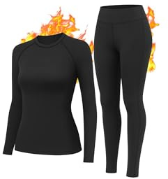 HiZiTi Intimo Termico Donna Maglia Lunga Tuta Invernale Biancheria Termici Abbigliamento Termica Completo Leggings Magliette Calze Pantaloni Termiche Completo Sci Donna Nero XXL