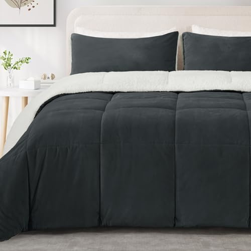 MERITLIFE Fluffy Sherpa Queen Size Bedding Comforter Sets Queen Comforter Set-3 Pieces Bed in a Bag Dark Grey Soft Comforter and Pillowcase Luxury Warm Bedding Set for Winter