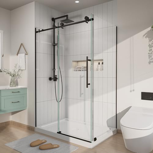 Comfystyle 44-48 in. W x 32 in. D x 72 in. H Frameless Hinged Shower Enclosure in Matte Black with 3/8 (10mm) Clear Glass,Whole Set Shower Door,
