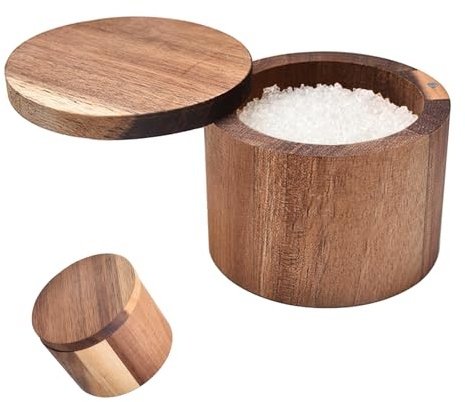 TWSOUL Acacia Holz Salzdose, Salzbehälter mit Deckel Holz, Gewürzbehälter, Aufbewahrung von Salz, Meersalz, Gewürzen, Pfeffer Kraut, Kaffee, Für Küchen 6oz