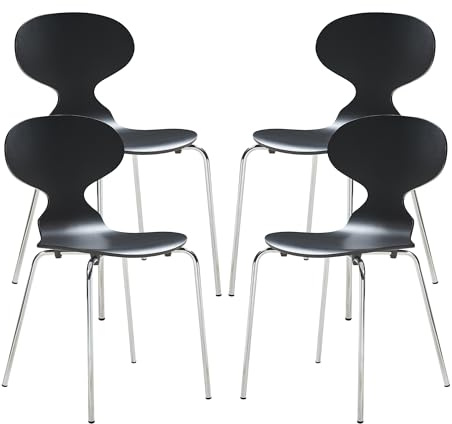 [en.casa] Set di 4 Sedie da Sala Pranzo con Scocca in Multistrato di Betulla e Gambe in Metallo Color Cromo Sedie Impilabili per Cucina Sala Riunioni - Nero