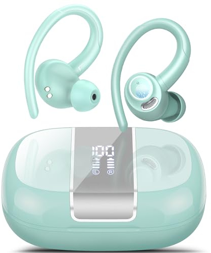 Bluetooth Kopfhörer Sport, Kopfhörer Kabellos Bluetooth 5.3 mit ENC Mikrofon, 48Std Premium-Tiefbass Wireless Earbuds mit LED Anzeige, Leichtes Design,IPX7 Wasserdichte Ohrhörer with Earhook, Hellblau