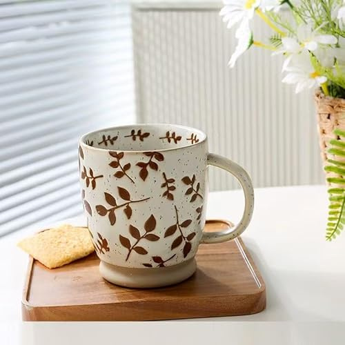 MACHUMA Vintage Stoneware Relief Design Mug, 500ml Large Ceramic Cup for Coffee, Tea, Breakfast, Retro Kitchen Home Decor and Festival Gift (Bamboo Leaf)