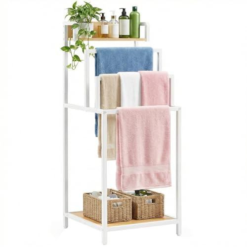 HOOBRO Freestanding Towel Rail with 3 Bars & 2 Shelves, Towel Rack with Adjustable Feet & Anti-Tip Kit, Multi-Purpose Storage Organizer, for Bathroom, Laundry, Bedroom, Natural and White EWN12LB01