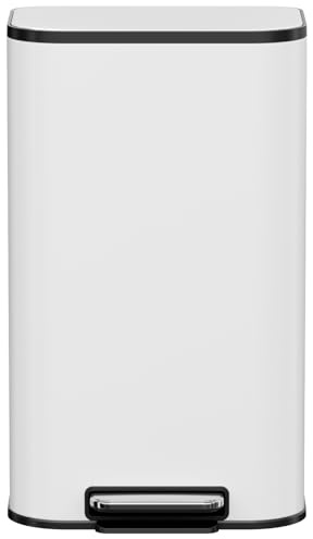 Clevich Poubelle de 50 l, avec corps en acier et fonction Soft-Close, couvercle avec surface en acier inoxydable, seau intérieur amovible et pédale pour cuisine, salon et bureau, blanche