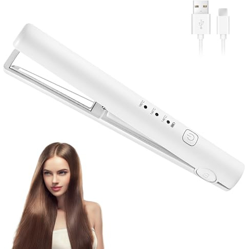 Portable Cordless Hair Straighteners, 2 in 1 Mini Cordless Hair Straightener, 3 Temp Settings, Fast Heating, USB-C Charging, White
