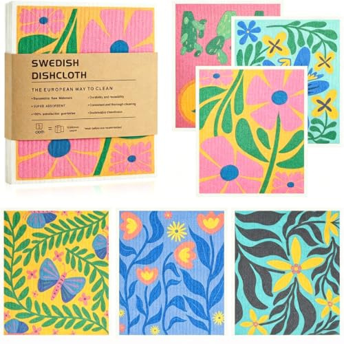 Swedish Dishcloth Set of 6, Reusable Kitchen Dish Rags for Cleaning, Absorbent & Quick Drying Dish Towels, Biodegradable Kitchen Rags, No Odor Washable Cellulose Sponge Cloths (Tropical style)