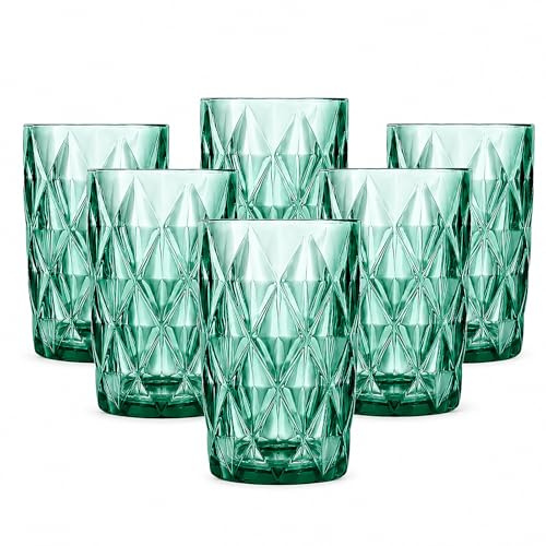 Pack 6 Vasos Altos de Cristal Verde 400 ml – Vasos Highball para Agua y Refrescos Diseño Diamante, Cristal Grueso y Resistente – Aptos Lavavajillas, No Pierden Brillo – Vasos Elegantes