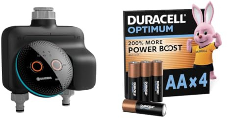 Gardena Programador de riego dual smart Programadores de riego; smart: Riego basado en datos*, Integración en Smart home* + Duracell Optimum pack de 4 AA