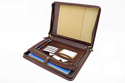 Ledermappe A4, Konferenzmappe, Reißverschluss-Padfolio für Damen und Herren (braun)