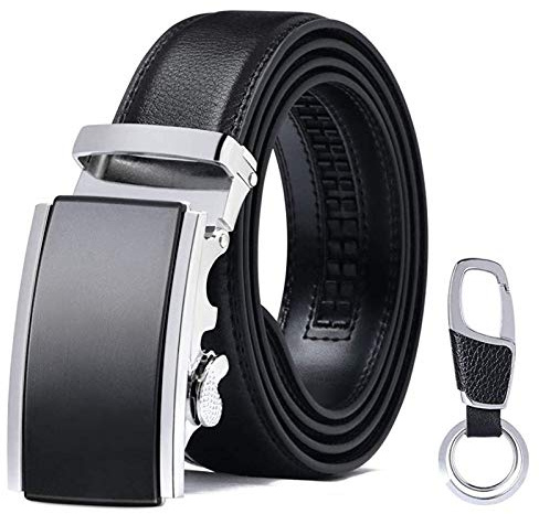flintronic Men's Leather Belt, Automatic Buckle Leather Ratchet Belt 3.5cm * 130cm (Keychain & Gift Box Include)