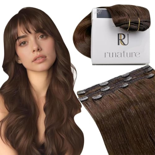 RUNATURE Clip in Extensions Echthaar Braun 30cm 3pcs 50g #4 | Echthaar Clip Extensions–hitzebeständig, doppelt gewebt, verhedderfrei. Schnelle unauffällige Verdichtung.