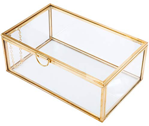 HighFree Vintage Glass Box with Lid - Clear Jewelry Glass Display Box Keepsake Box - Home Decor Decorative Box for Trinket Rings Bracelet (Gold, X-Small)