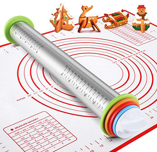 Rolling Pin and Silicone Baking Pastry Mat Set, Smooth Non Stick Stainless Steel Roller, Rolling Pins with Adjustable Thickness Rings for Baking Dough, Pizza, Pie, Pastries, Pasta, Cookies, Red