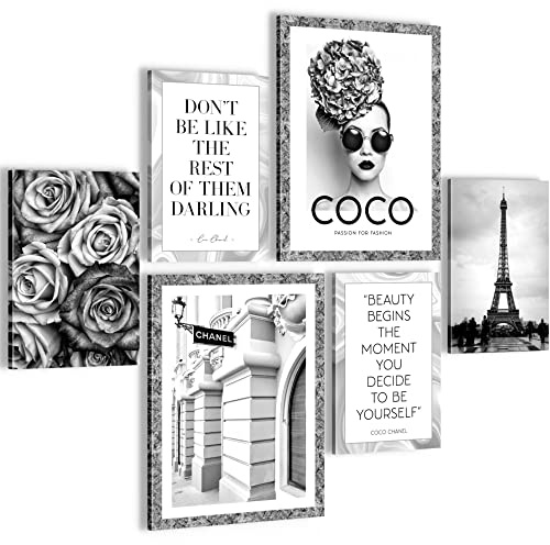 Novart Wandbilder Set Fashion Coco Schwarz Weiss - KEIN EXTRA RAHMEN BENÖTIGT - Modern Deko - Wohnzimmer Mädchen Teenager N015963a