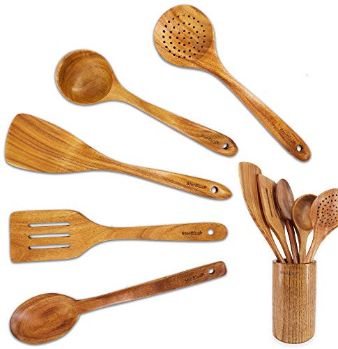 StarBlue Lot de 6 ustensiles de cuisine en bois d'acacia – Spatules anti-rayures et durables pour ustensiles de cuisine antiadhésifs – Spatule en bois écologique et ergonomique et support de poêle