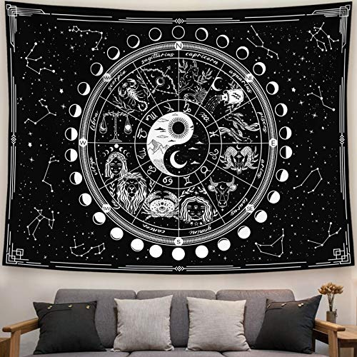 Kanuyee Wandteppich mit zwölf Sternbildern, Schwarz und Weiß, Sonne und Mond, Yin und Yang, mystischer Wandbehang für Heimdekoration (152,4 x 203,2 cm)