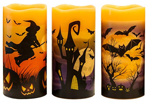 Eldnacele Halloween Kerzen LED mit 6H Timer, Halloween Deko innen, 3er Set | Echtwachs LED Kerzen mit Timer, flammenlose Kerzen, LED Stumpenkerzen, flackernde Flamme, Hexe, Fledermaus, Schloss, Kürbis