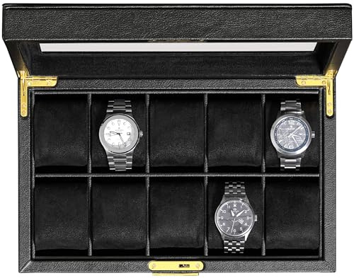 ROTHWELL Uhrenbox aus Leder mit 10 Fächern – Luxus-Uhrenetui, Veranstalter Uhrenaufbewahrung, Ultraweiches Mikro Wildlederimitat Futter, Abschließbarer Schmuck-Uhrenhalter mit Großer Glasplatte