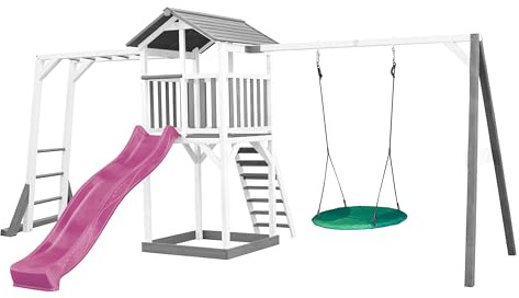AXI Beach Tower Spielturm aus Holz in Weiß & Grau | Spielhaus für Kinder mit lila Rutsche, Klettergerüst, Nestschaukel und Sandkasten | Stelzenhaus für den Garten