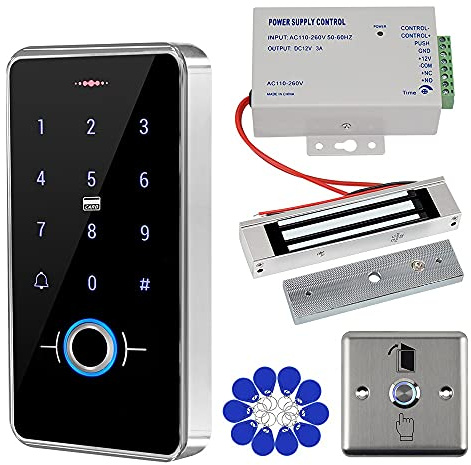 Gaocinys RFID Door Access Control System Kit IP68 Waterproof Fingerprint Keypad, NC Mode Magnetic Lock 180kg/350lbs, 12V 3A Power Supply, Metal Door Switch Button, 10pcs IC 13.56MHz Keychains