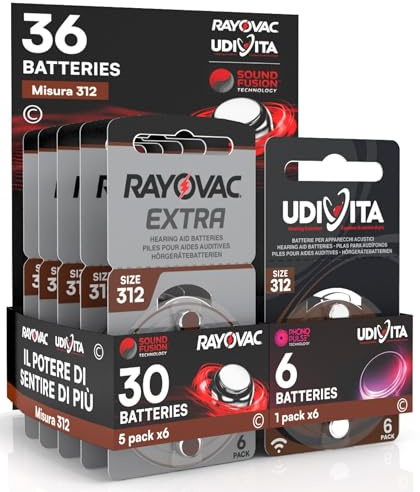 36 Baterías para Audífonos Medida 312 PR41 Marrones Zinc Aire Phono Pulse Technology en 6 Blíster de 6 Pilas 36 Baterías 30 Rayovac + 6 Udivita