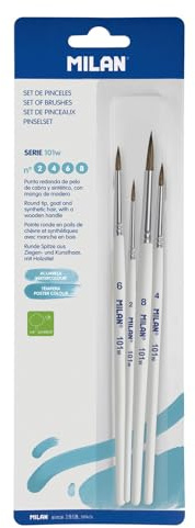 MILAN Blíster 4 Pinceles Redondos (Pelo de Cabra y sintético) Mango Blanco, Serie 101w nº 2, 4, 6 y 8, BWM10468