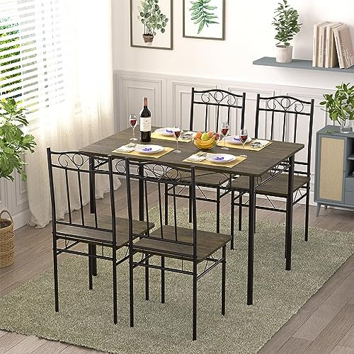 IPOTIUS Esszimmer-Set mit Esstisch und 4 Stühlen, Esstisch und Stuhl mit dunkler Holzmaserung, Schwarze Metallbeine, für Esszimmer, Küche, Wohnzimmer