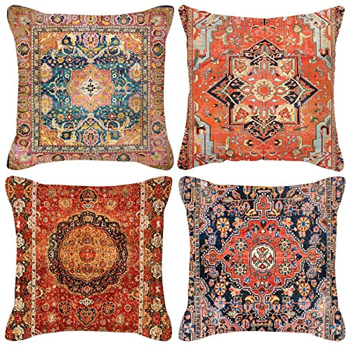 HOSTECCO Kilim Cushion Covers 45x45 cm Pack of 4 Vintage Tribal Print Cushion Cases Ethnic Patterned Decorative Pillow Covers for Couch Sofa Bed Office