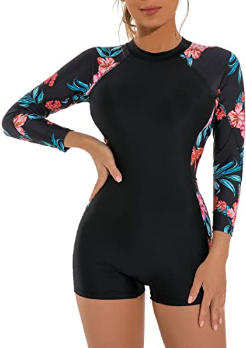 FYMNSI Women's Long Sleeve One-Piece Swimsuit with Tropical Floral Print, Zipper Front Padded Push Up Slim Fit Rash Guard Bathing Suit Beachwear Swimwear Unitard Legsuit Swimming Costume Red Flower L