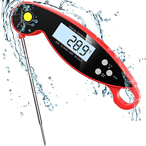 CGZZ Thermometer, Digital Meat Thermometer, Red, 4.6'' Folding Probe, 2-3S Instant Read Backlight and Magnet, IP67 Waterproof