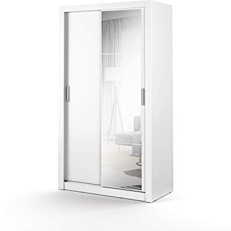 MINIO go for it - Armoire à Portes coulissantes ERTA 6 120 cm avec Miroir | armoire à deux portes avec barres de vêtements et étagère, meubles de chambre à coucher, couleur : blanc mat