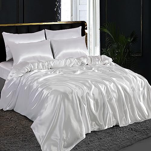 ZIMEL HOMES 6 piece-Satin sheets Soft bedding shiny silky bedding sets - duvet cover, Fitted sheet set, 4 pillowcases, complete bed sheet set (White, King)
