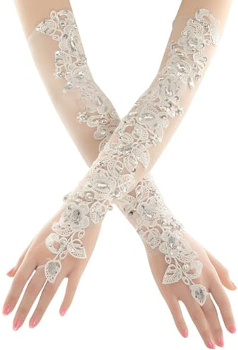 Danlai Long Wedding Lace Gloves for Bride Fingerless Gloves Crystal Opera Lace Bridal Gloves Wedding Accessories