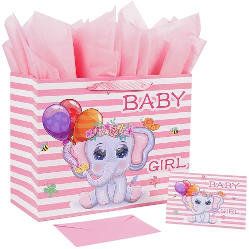 Jaywayang 32 cm große Geschenktüte für Mädchen mit Seidenpapier und Grußkarte für Babyparty, Geburtstag, neue Eltern und mehr.