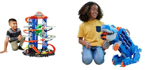 Hot Wheels 2:1 Transporter zu T-Rex mit inkl. Autorennbahn & Garage, Hot Wheels Parkgarage inkl. 2 Spielzeugautos