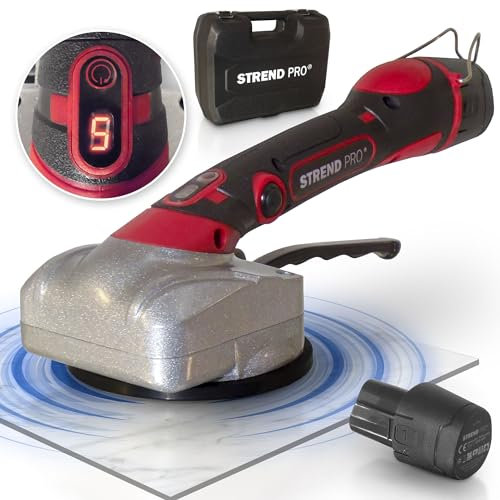 STREND PRO Fliesen Vibrationsgerät 120W | PROFI Fliesenrüttler Akku mit 2200mAh Akku und Transportkoffer | Akku Saugheber für Glas, Fliesen, Wandfliesen, Keramics | Vakuum Saugheber für Fliesenleger