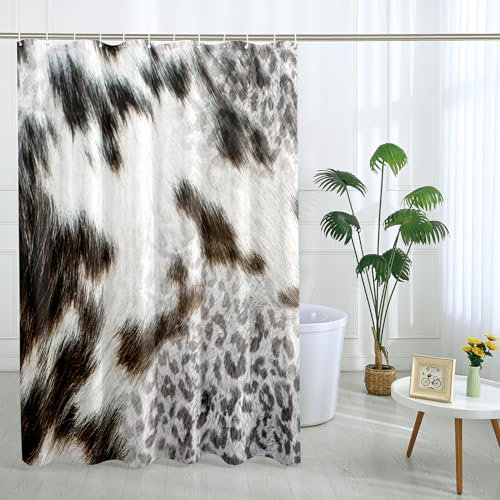 Rustic Cow Shower Curtain with 12 Hooks Animal Feather Leopard Cow Vintage White Polyester Room Ornaments Waterproof Decorative Bathroom Hotel Bathtub Outdoor Short Shower Curtain 62x72 Inch