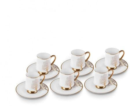 KARACA Afra 12-Piece Bone China Espresso/Turkish Coffee Cup & Saucer Set 90 ml – Elegant White Bone China Set for 6