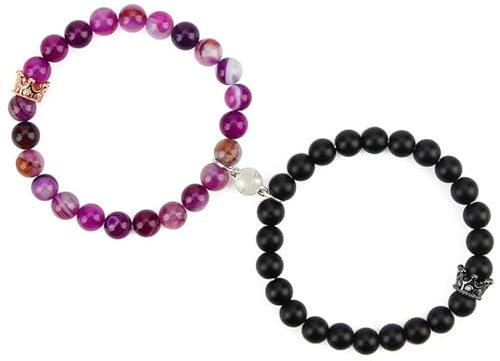 Wycian Partnerarmband 2er Set, Magnetarmband Pärchen Perlen Achat Kristall Lila Schwarz Krone Magnetische Perlenpaare 17.7cm Naturstein für Hochzeit
