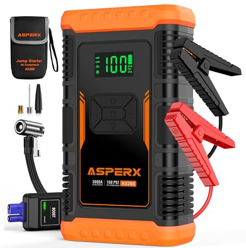 ASPERX Starthilfe Powerbank mit Kompressor,150PSI 3000A Auto Starthilfe Powerbank mit LED Taschenlampe Starthilfekabel,Jump Starter für 12V Motorrad SUV (Bis Zu 10L Benzin Oder 8L Diesel)