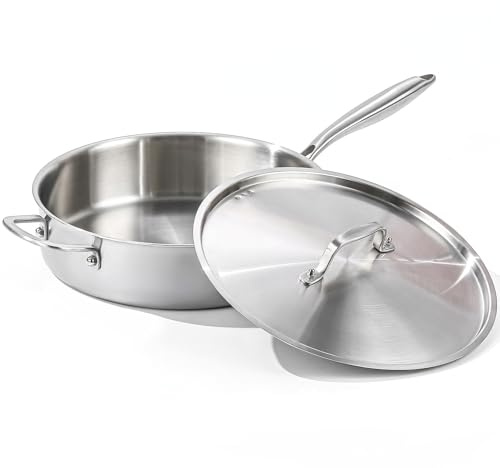 DELARLO 7QT Saute Pan Jumbo Cooker Tri-Ply Stainless Steel Pan, 12Inch Deep Frying Pan with Steel cover, Kitchen Large Skillet,Heavy Duty Style Compatible With All Cooktops Up to 650℉