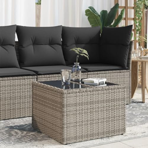 HEFZGDB Gartentisch mit Glasplatte Grau 55x55x37 cm Poly Rattan Campingtisch Gartentisch Balkontisch Geeignet für Gärten, Terrassen, Decks.