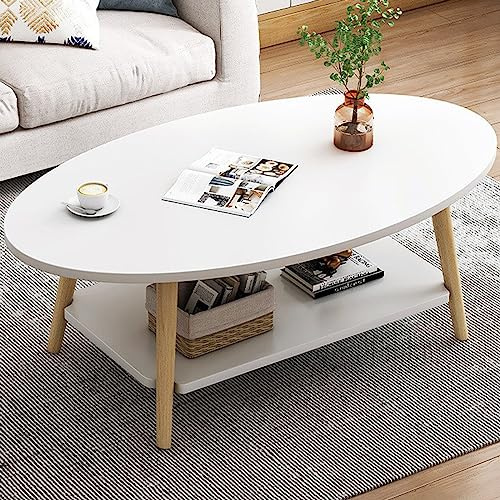 Anmas Power Table Basse Ovale Moderne Table,Double Couche en Bois avec étagère Épaisseur de la Planche 15 mm, Blanc End Table avec Pieds en pin pour Salon et Appartement(100x40x40)