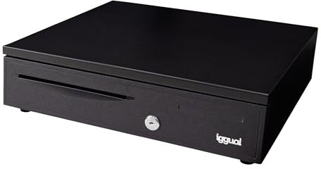 Iggual – Cajón Portamonedas IRON-20, Caja Efectivo Registradora Manual o Automática RJ11(12V), Compartimento x4 Billetes y x8 Monedas, Cerradura 3 Posiciones Bloqueo, 42x40.5x10cm, Carcasa Acero Negro