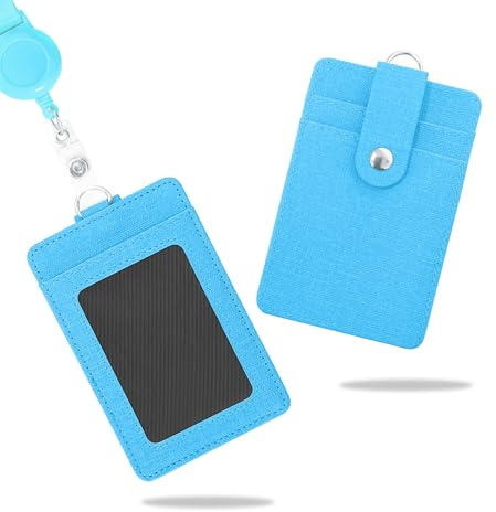 Wocoxo Ausweishalter mit Einziehbarer Schlüsselband, PU-Leder Ausweishülle mit Ausziehbar Lanyard, Hält 2 Karten mit Transparentem Fenster (Himmelblau)