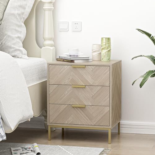 Skokliz Mesitas de Noche Dormitorio, mesitas de Noche con 3 cajones, Moderno mesita de Noche de Madera con Patas Doradas, Mesa Auxiliar Sala de Estar, Color Roble
