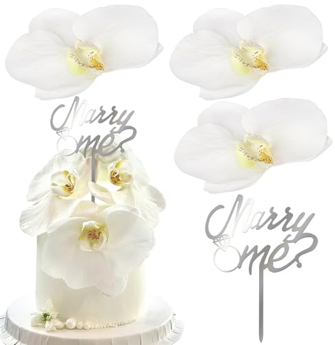 Xsstarmi Marry Me Cake Topper White Phalaenopsis Acrylic Diamond Ring Cake Pick Proposal Party Cake Decorations for Birthday Wedding Bridal Shower Proposal Party Cake Supplies